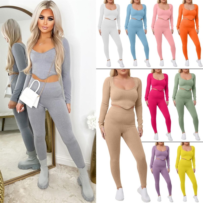 Womens Plain Ribbed High Waist Seamless Stretch Tracksuit 2 Piece Ladies Gym Set