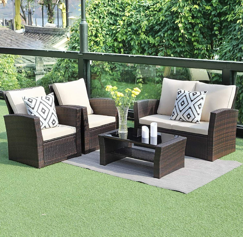 4 Piece Patio Set - Rattan Garden Furniture Table Chairs Grey Black and Brown